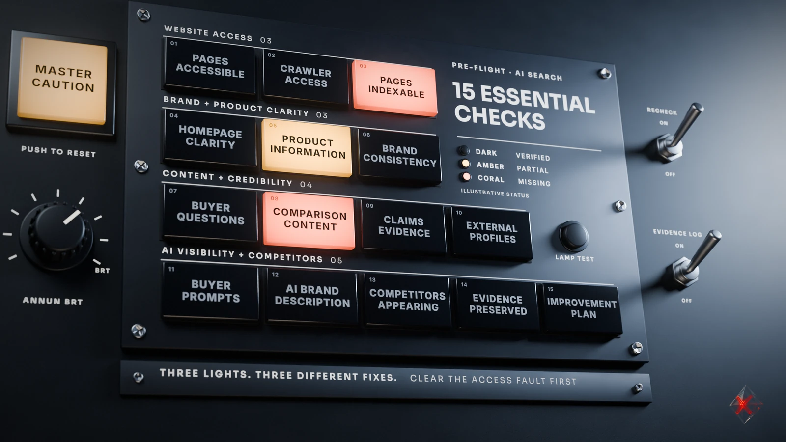 Pre-flight panel for 15 essential AI search checks.