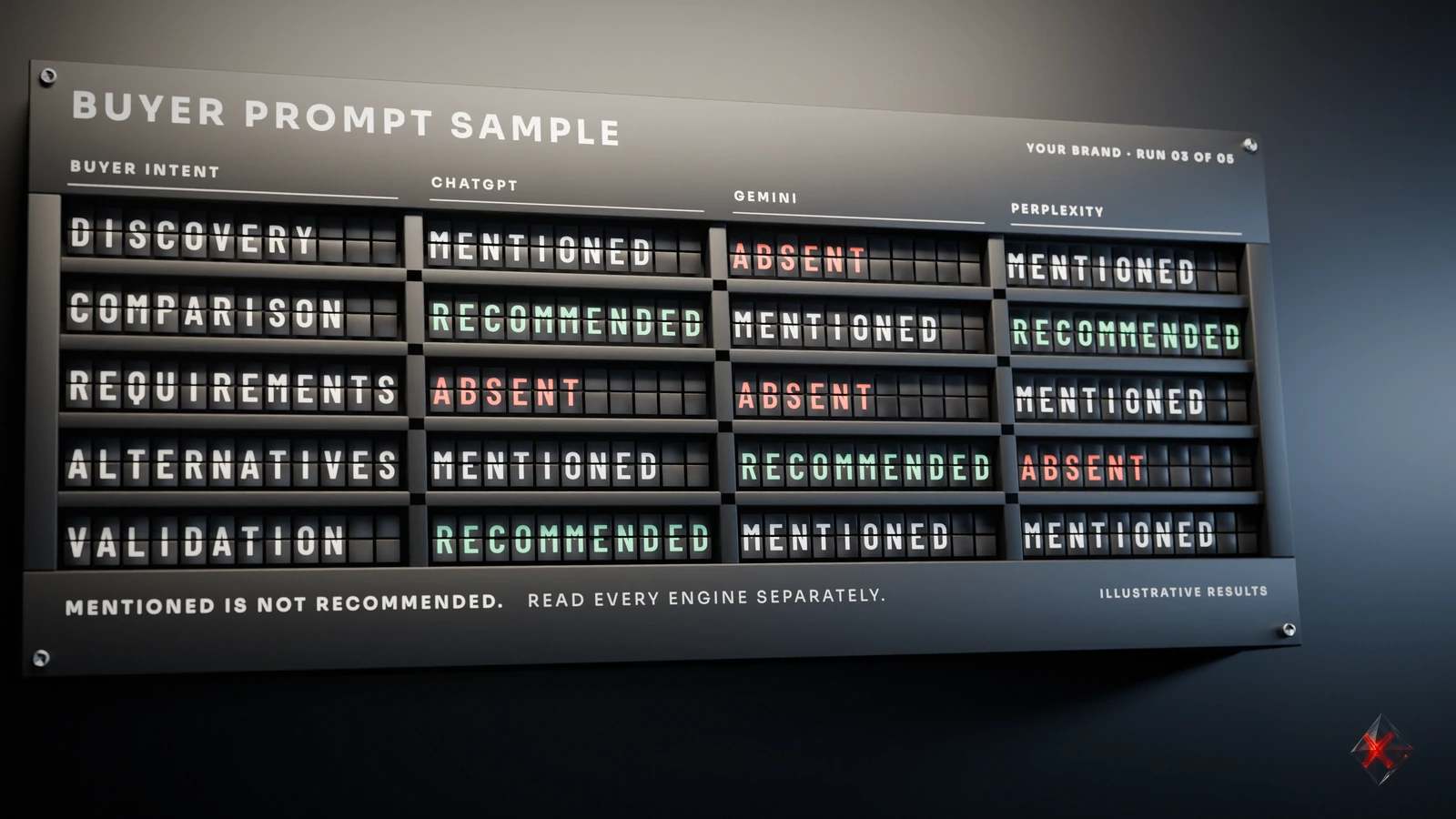 Buyer prompt sample board across ChatGPT, Gemini, and Perplexity.