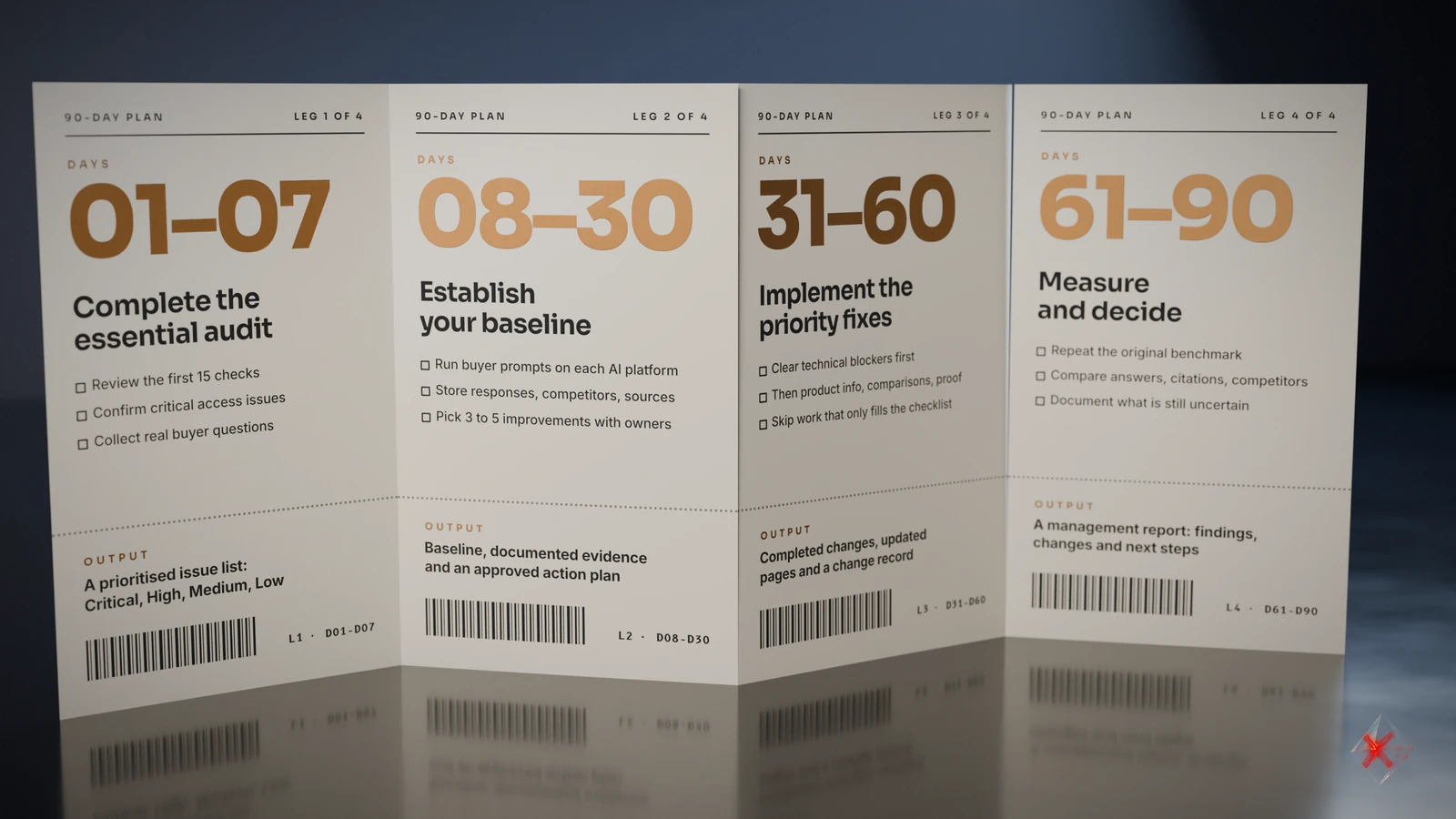 Four-leg 90-day plan from essential audit to measure and decide.